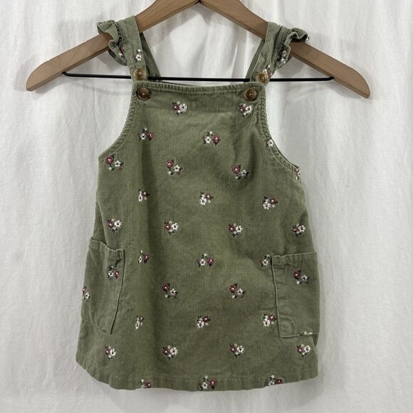 Nicole Miller Green Embroidered Floral Ruffle Corduroy Overall Dress Girls 24Mo - Picture 1 of 7